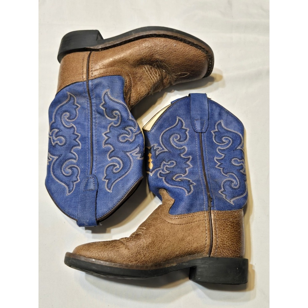 Old West Kids 10.5 D Leather Western Cowboy Boots Brown Blue Square Toe USA Farm